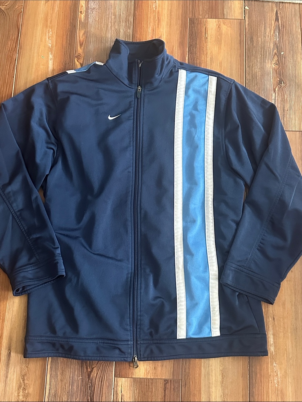 Nike Men’s Navy Jacket with Light Blue and White Stripe Med